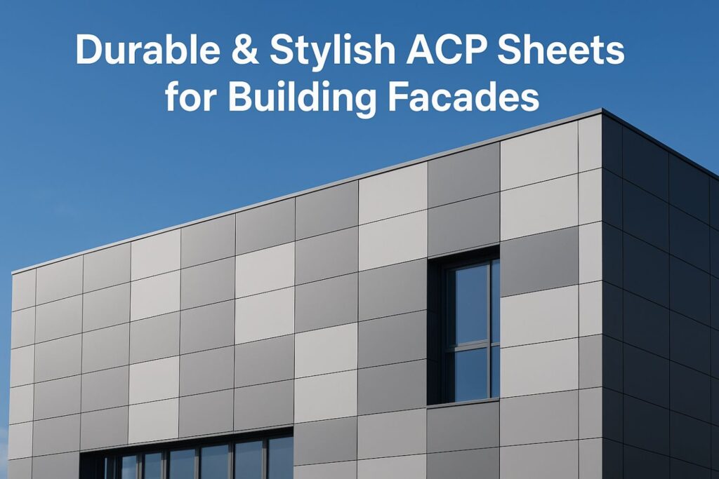 Modern building facade featuring durable and stylish aluminium composite panel (ACP) sheets in sleek grey tones under a clear blue sky.